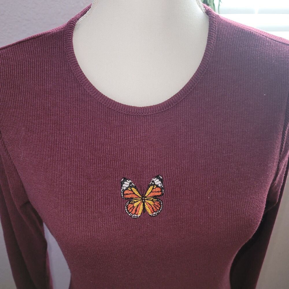 JUSTIFY Juniors Size M Bodycon Dress, Long Sleeve Ribbed Embroidered Butterfly